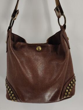 Two Bar West Brown Leather Brad Shoulder Bag Hairon Rhinestone  Strap